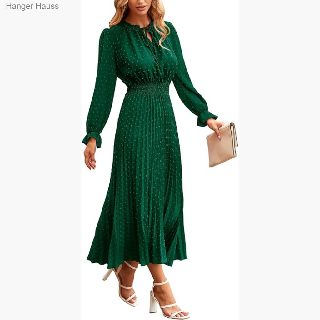 Midi Dress Long Sleeve V-Neck Pleated A-Line Casual Flowy Fall